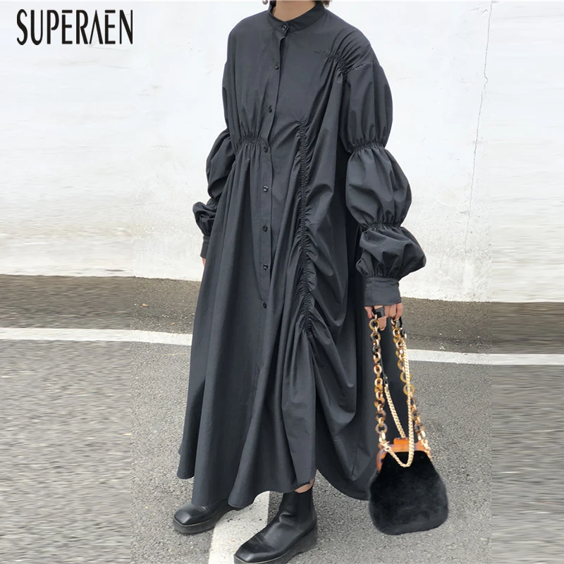 SuperAen, корейский стиль, женское длинное платье, сплошной цвет, хлопок, повседневное, женское платье, осень, новинка, длинный рукав, модная женская одежда