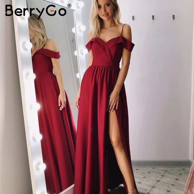 BerryGo, сексуальное красное Макси платье с v-образным вырезом и открытыми плечами, женское осеннее вечернее платье с высокой талией, элегантное женское длинное вечернее платье