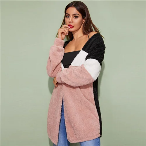 Multicolor SHEIN разноцветное повседневное зимнее пальто с открытой передней частью, женская уличная одежда с длинным рукавом, Женская эластичная верхняя одежда с цветными блоками - Цвет: Multicolor