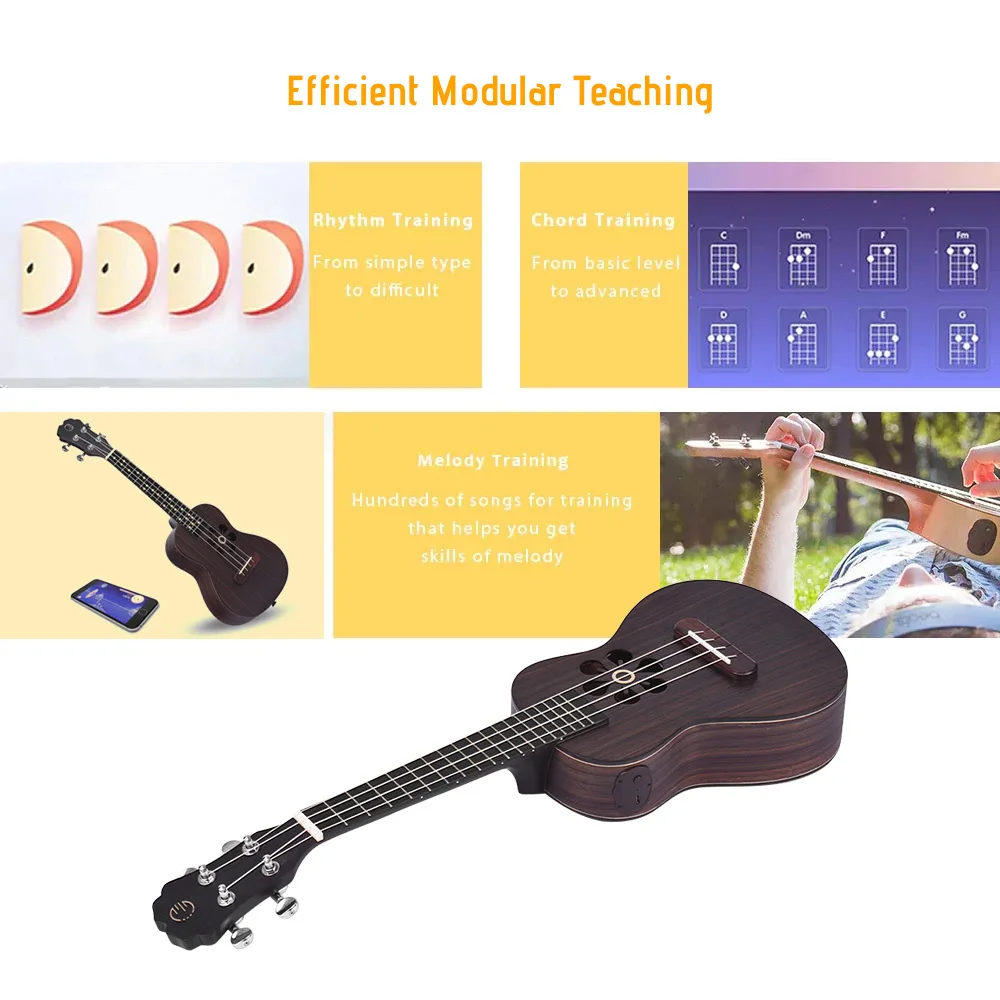 2" Умная концертная Гавайская гитара Ukelele uke Rosewood поддерживает приложение обучения Bluetooth подключение ABS с светодиодный подсветкой для начинающих