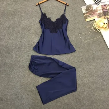 

Stain Pajamas For Women Short Sleeve Pijama For Ladies Sleepwear Cami Top And Long Pants Pyjamas Women Pijama Feminino Summer