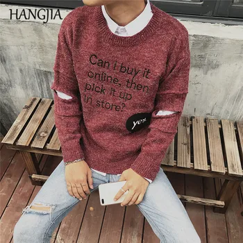 

Men's Embroidery Sweaters Sleeve Hole Letters Pullovers Sweaters for 2019 Black Blue Red Sweater Hip Hop Korean Clothes