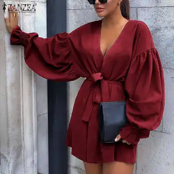 

2020 ZANZEA Sexy Women Deep V neck Long Puff Sleeve Mini Dress Casual Lace Up Party Club Sundress Female Elegant Solid Vestido