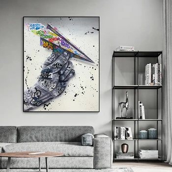 

Street Graffiti Art Wall Paintings Canvas Prints Poster Paper Airplane with Hand Picture for Living Room Cuadros Home Decoration