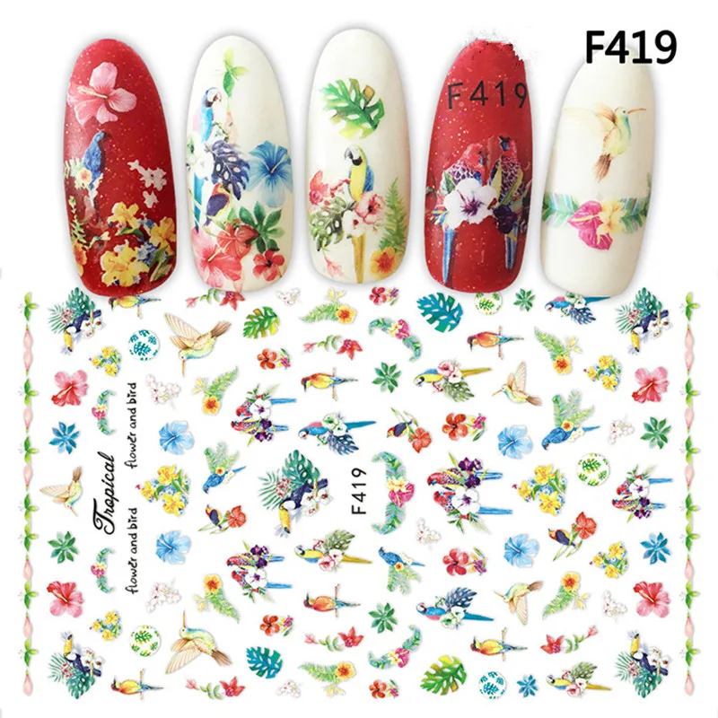 F419 1 лист, единорог, фламинго, наклейки для ногтей, кружевные цветы, сушеные украшения для ногтей, лаванда, 3D наклейки s DIY, маникюр, наклейки для ногтей - Цвет: F419