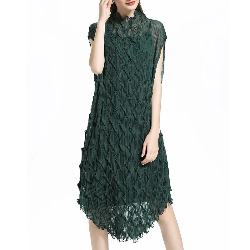 Fashion Solid Color Stand Collar Short-sleeved Plaid Fold Dress Two-piece Casual Fashion Loose Plus Women Tide Autumn New TC921