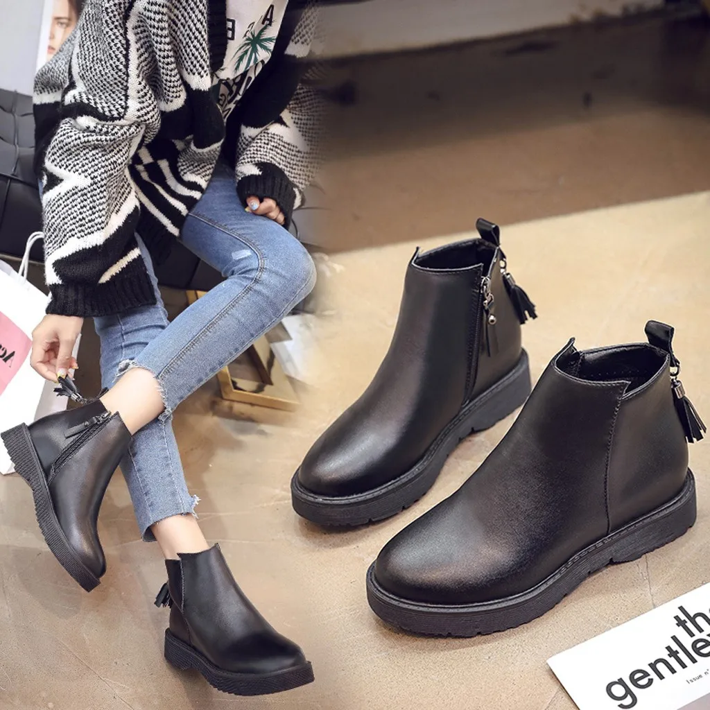 

Women's leather boots Fringed Short Boots Fashion Round Toe Zipper ankle boots for women with platform chaussures femme