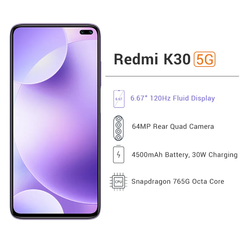 Xiaomi Redmi K30 5G 8GB 128GB Смартфон Snapdragon 76 Octa Core 30 Вт устройство для быстрой зарядки 4500 мА/ч