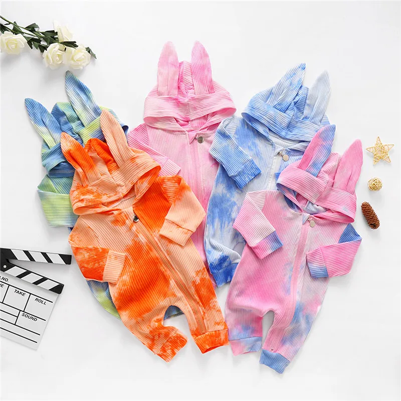 

Spring Autumn Baby Rompers Cute Tie Dye Print Rabbit Ear Infant Girls Boys Romper Jumpsuits Jumpers Kids Baby Outfits Clothes