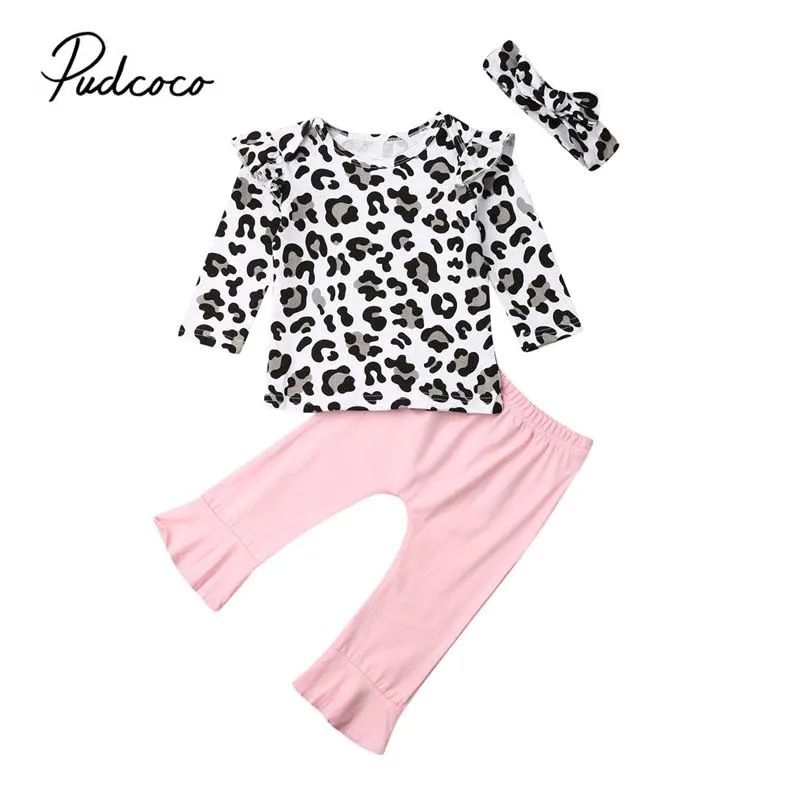 

2019 Brand Newborn Baby Girl Leopard 3PCS Autumn Clothes Set Fly Sleeve Tops T-Shirt Solid Pants Outfits Withe Headband