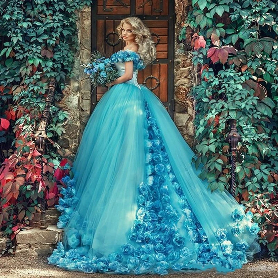 Blue Off Shoulder Quinceanera Dresses Red Ball Gown Tulle Flowers Formal Party Evening Sweet 18 Vestidos Elegant Prom Dress