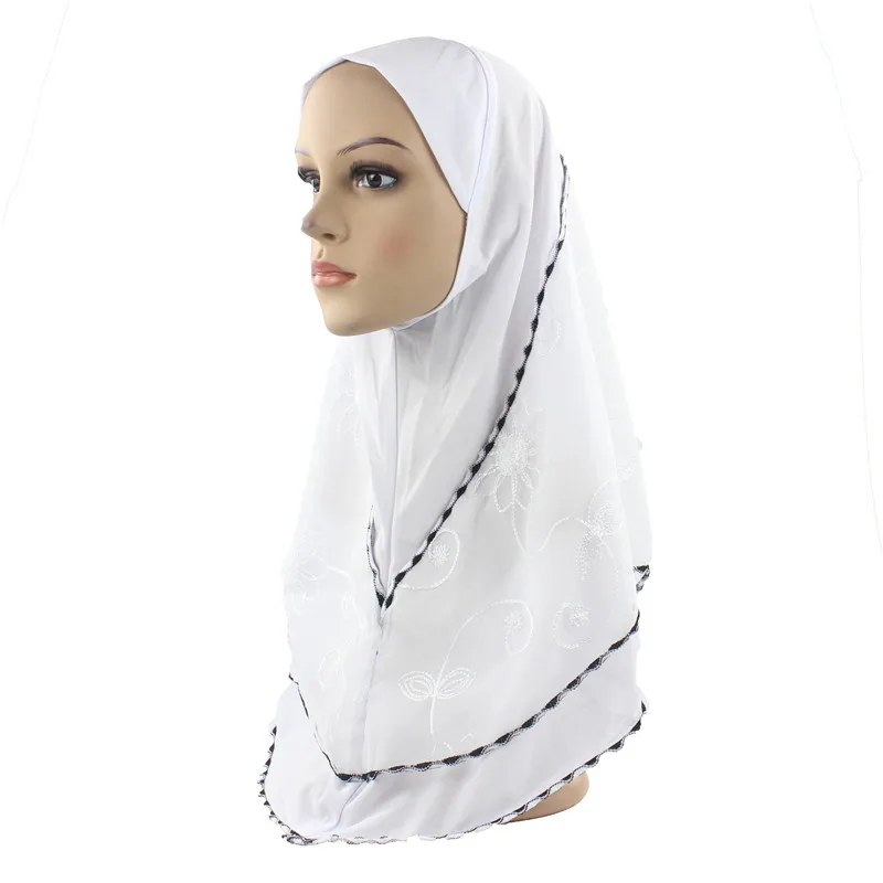 Женский мусульманский хиджаб Шарфы Мягкий шарф с вышитым цветочным узором платок - Цвет: White