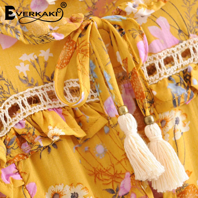 Everkaki/цыганское мини-платье с цветочным принтом для женщин, Vestidos, с кисточками, с завязками на шее, эластичные пояса, Boho, летние платья, женские,, Осенние