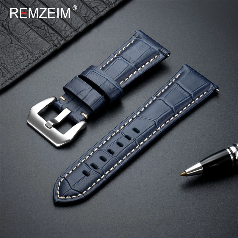 Premium Genuine Leather Watch Band Strap in Blue with Solid Metal Buckle