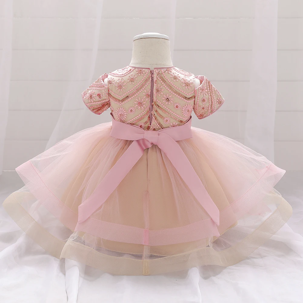 Infantil Baby Girl's Beading Bow Batizado Vestido,