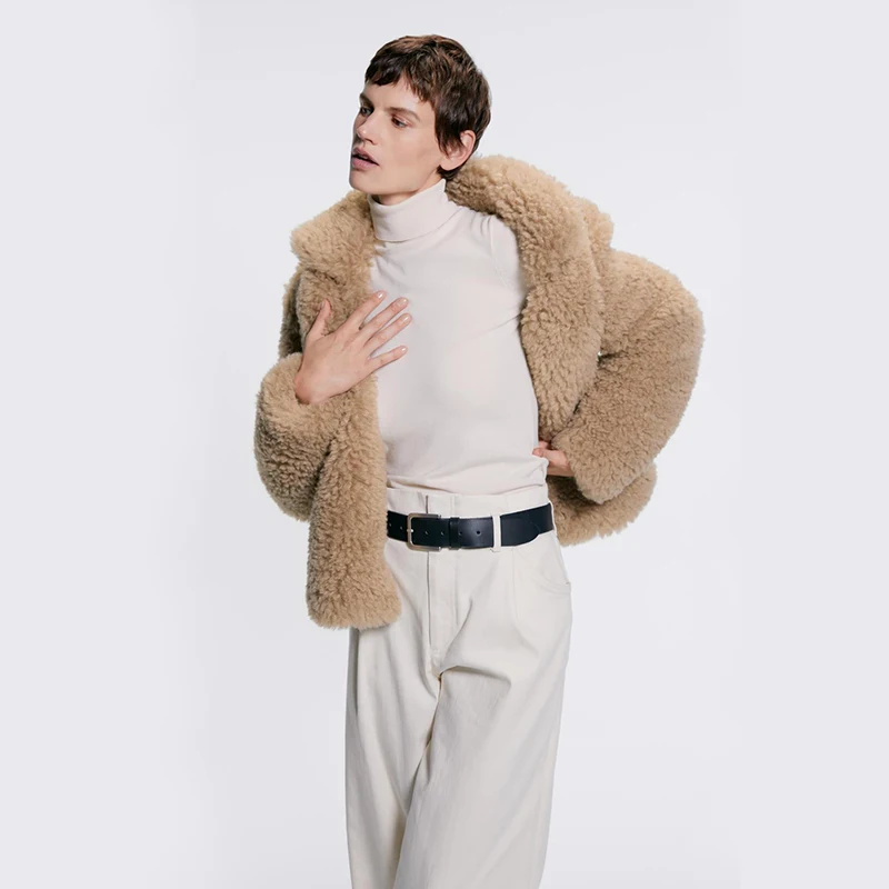 Модная женская одежда из хлопка, куртка из овечьей шерсти с лацканами цвета хаки, Повседневная Свободная осенне-зимняя меховая куртка, очаровательное офисное Женское пальто