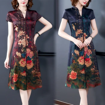 

Summer Women Simulation Silk Retro Print Slim Midi Dresses Casual Lace V-neck Vestido Midi Business Work Wear Fashionable Dress