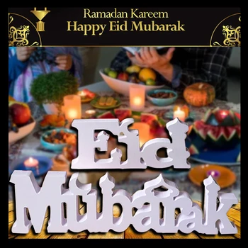 

Ramadan Eid Mubarak Decor Dining Table Ornament Wooden Letters Decoration White Pendant Islam Muslim Event Party Supplies