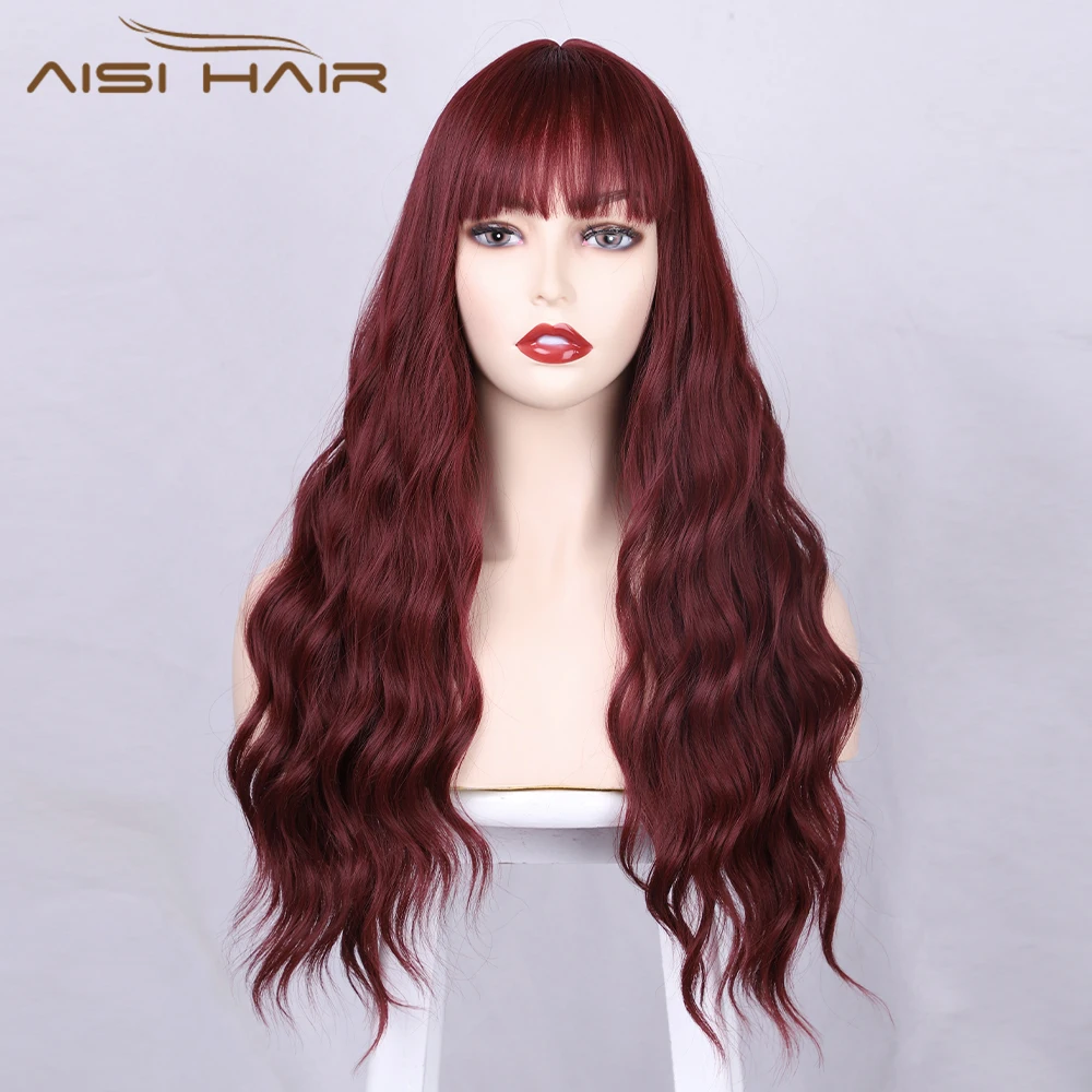 

AISI HAIR Top Quality New Design 26 Inch Synthetic Wigs With Bangs Party Long Wavy Wigs For Black Women Cospaly Red Wigs