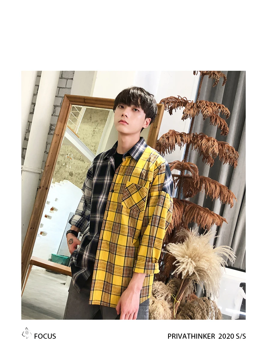 Korean Plaid Shirts For Men Fashion Patchwork Long Sleeve Casual Shirt Hip Hop Streetwear Man Blouse