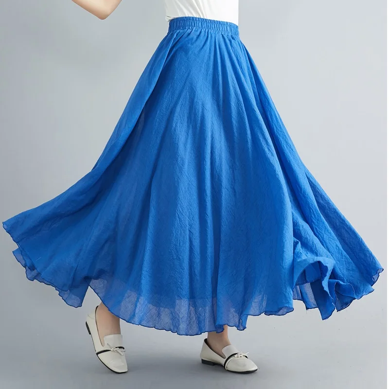 blue1 Женские повседневные свободные длинные юбки из льна и хлопка, длинные юбки с эластичной талией, плиссированные макси юбки, пляжные богемные винтажные летние юбки - Цвет: blue1