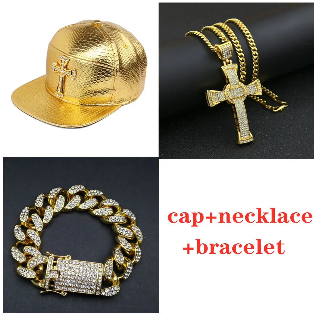 Men hip hop cap Golden Cross cap hat+Necklace+bracelet Set jewelry Diamond ice out cuban chian Jewellery set