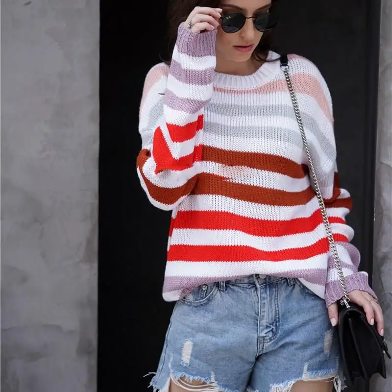 Корейский Харадзюку свободный свитер Женский Цветной полосатый вязаный пуловер
