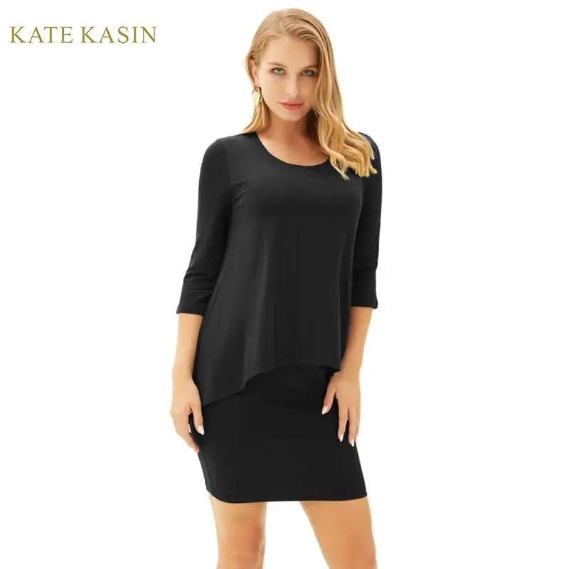 

Kate Kasin 3/4 Sleeve Spring/Autumn Slim Dress Women Solid Color Dual Layer Pencil Mini Dress Ladies Bodycon Pencil Dress 2019
