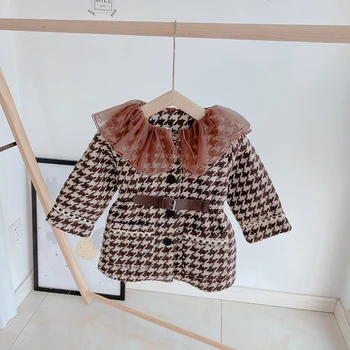 

Korean Fashion Winter Plaid Thickened Toddler Girls Jacket Coat Cute Lace Collar Long Clothes Fall Little Children Outwear