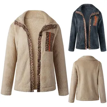 

2019 New Jacket Women Winter Leopard Print Stitching Buttons up Lapel Collar Warm Plushy Jacket Coat