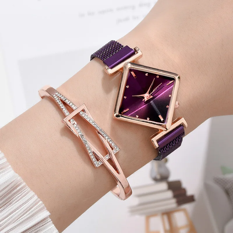 Reloj de pulsera cuadrado de cielo estrellado para mujer, pulsera de cuarzo con imán de Color negro degradado, estilo de lujo con hebilla