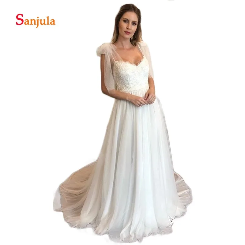 

Ivory Tulle A-Line Wedding Dresses Sweetheart Lace Appliques Beaded Elegant Country Beach Wedding Gowns Backless trouwjurk D1187