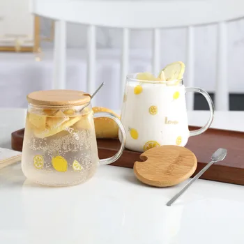 

Cartoon Cute Lemon Mugs Transparent Borosilicate Heat-proof Glass with Lid Scoop 450ml Large Capacity Milk Breakfast Coffee Cups