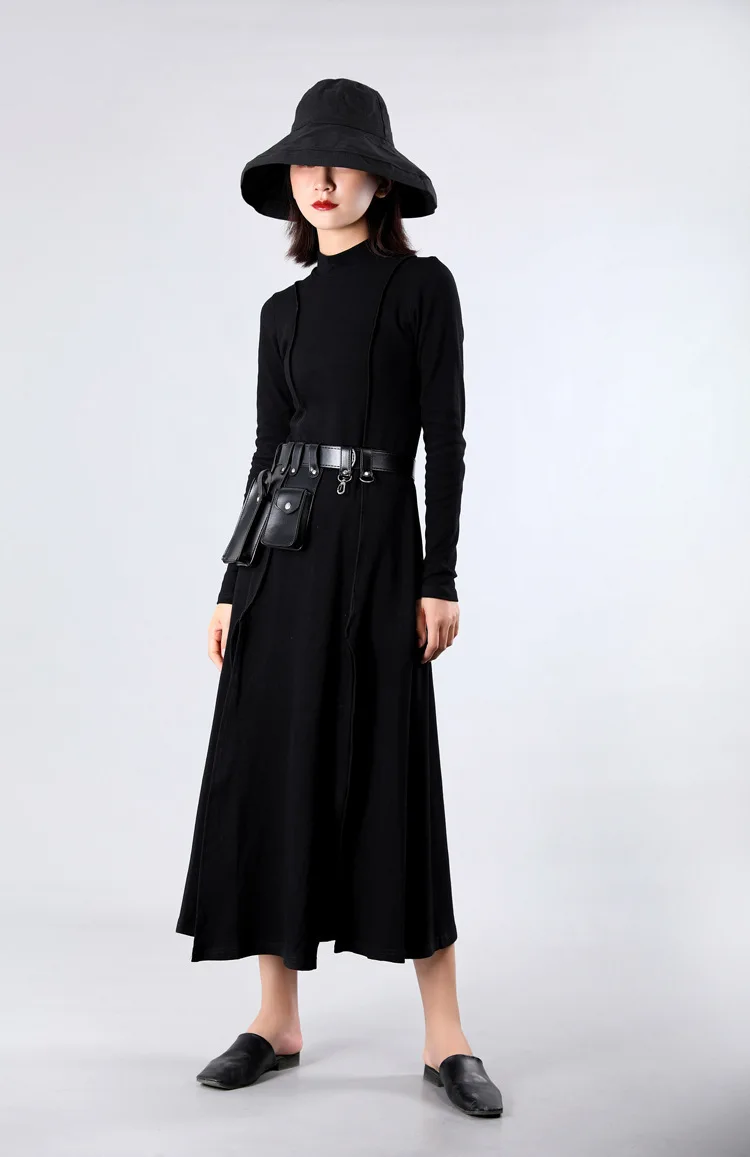 [EAM] Women Dress New Stand Neck Long Sleeve Loose Fit Split Joint Spliced Sheath Temperament Fashion Spring Autumn JZ343