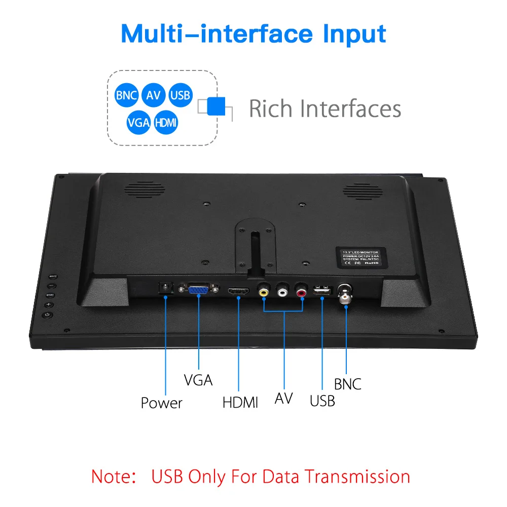 Eyoyo EM13 13.3'' BNC FHD 1080P LCD monitor IPS industrial metal Computer HDMI display With VGA BNC USB For CCTV Security Screen