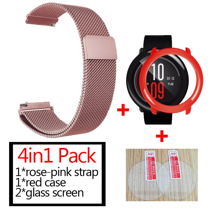 rose pink-orange 3в1 Для xiaomi Huami Amazfit pace ремешок для часов металлический Миланский ремешок+ защитный чехол для наручного ремня+ Защитное стекло для экрана - Цвет: rose pink-orange