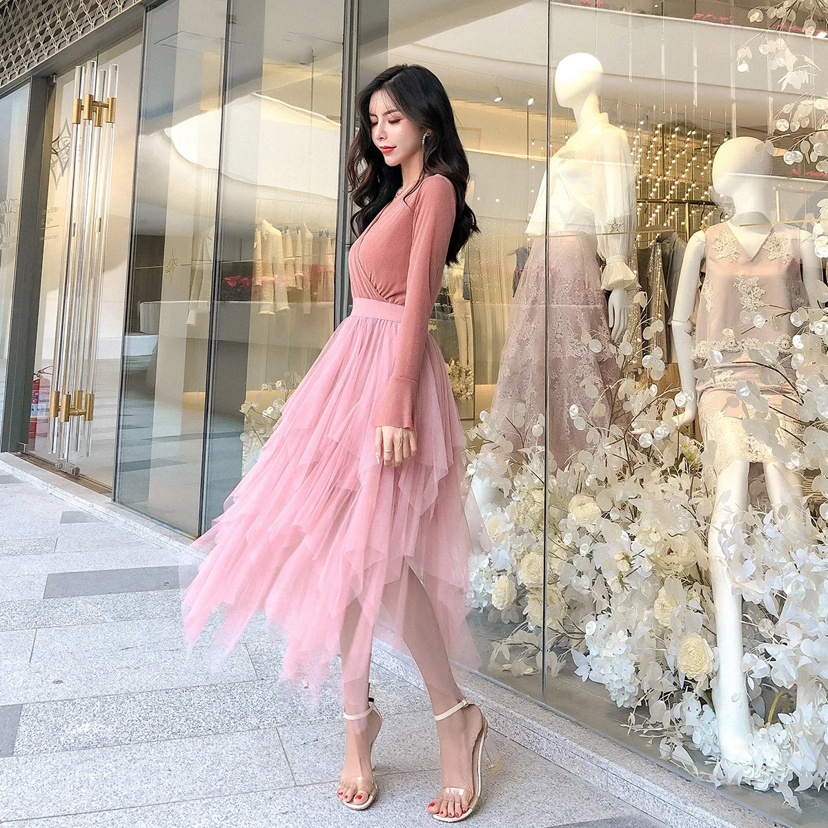 

Photo Shoot Slim Fit New Style Black And White with Pattern Elegant nei da qun Sub-Mid-length Sexy Dress