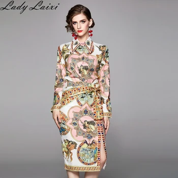 

2020 Spring Two Pieces Set Vintage Twinest Suits Women's Elegant Printed Long Sleeve Blouse Shirt + Sashes Split Midi Skirt