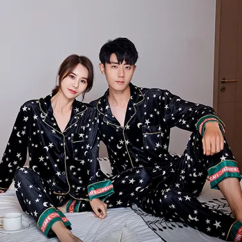 

Couple Pajamas Set Women Mens Silk Satin Pajama Set Star And Moom Print Long Sleeve Lapel Cardigan Sleepwear Homewear