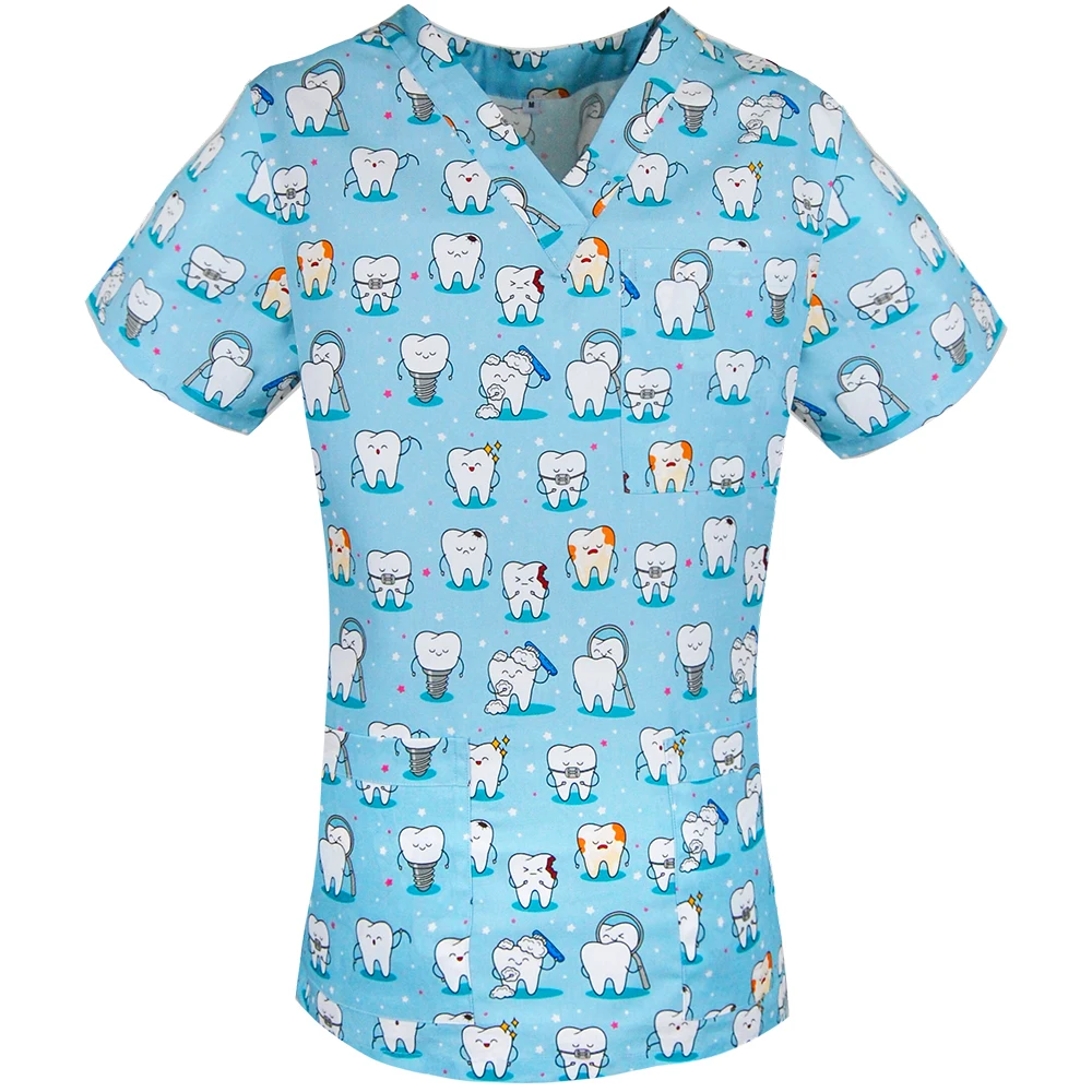 Hospital Worker Nursing Uniform Women Teeth Print Casual Short Sleeve V-neck Scrub Top Nurse Working Medical Uniforms Supplies medical scrubs