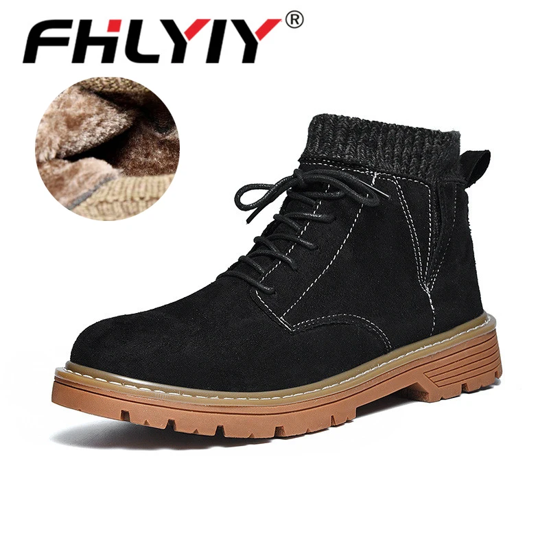 Fhlyiy/зимние кожаные мужские ботинки; теплые зимние ботинки на меху; мужские Ботильоны; мокасины; Мужская зимняя Нескользящая черная обувь; большие размеры 46