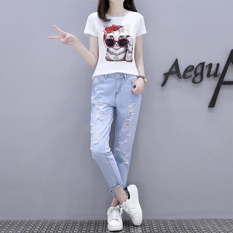 

2020 Spring And Summer Korean-style New Style Short Sleeve T-shirt + with Holes Denim (Ankle-length Pants) Set Fashion Western S