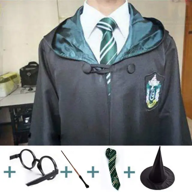 Маскарадный костюм Поттер костюмы робы плащ с галстуком-шарфом Ravenclaw/Gryffindor/Hufflepuff/Slytherin подарок на день рождения для детей - Цвет: Slytherin full Set 1