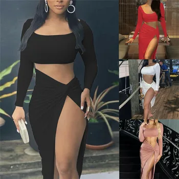

2PCS Sexy Women Long Sleeve Bodycon T-shirt Crop Tops High Waist Split Long Skirt Clubwear Ladies Bandage 2020 New Women Dress