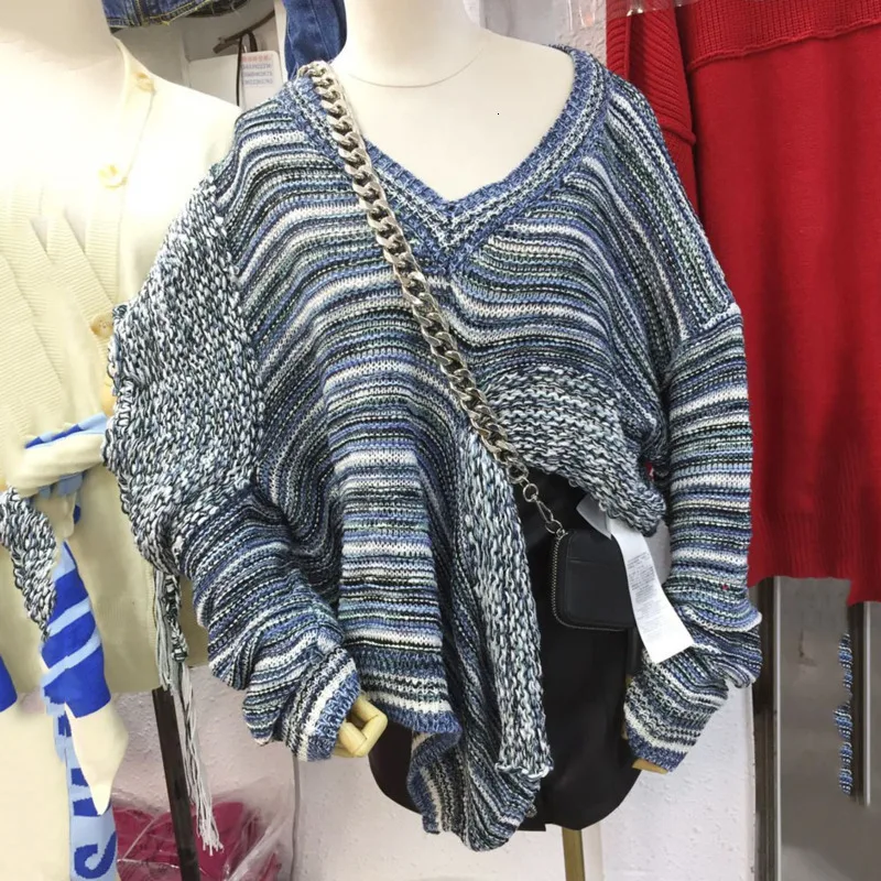 Hollow Irregular Sweater Women Loose Wear V-neck Tassel Loose Long-sleeved Lazy Wind Sweater Autumn New F621