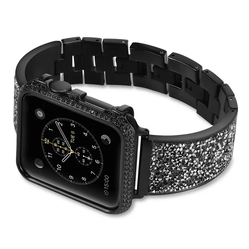 Black1 Стразы Алмаз Нержавеющая сталь петля ремешок для наручных часов Apple Watch, версии 44 мм 40 мм металлический браслет для наручных часов iWatch серии 4/3/2/1 38 мм 42 мм - Цвет ремешка: Black1