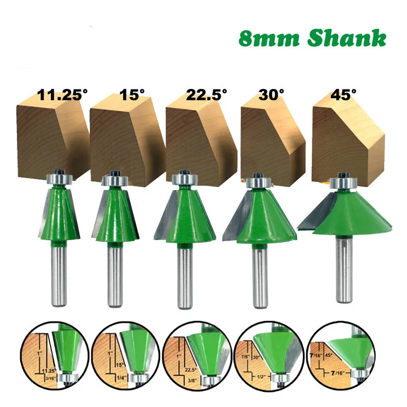 

5PCS 8mm Handle 11.25, 15, 22.5, 30, 45 Degree Woodworking Cutter