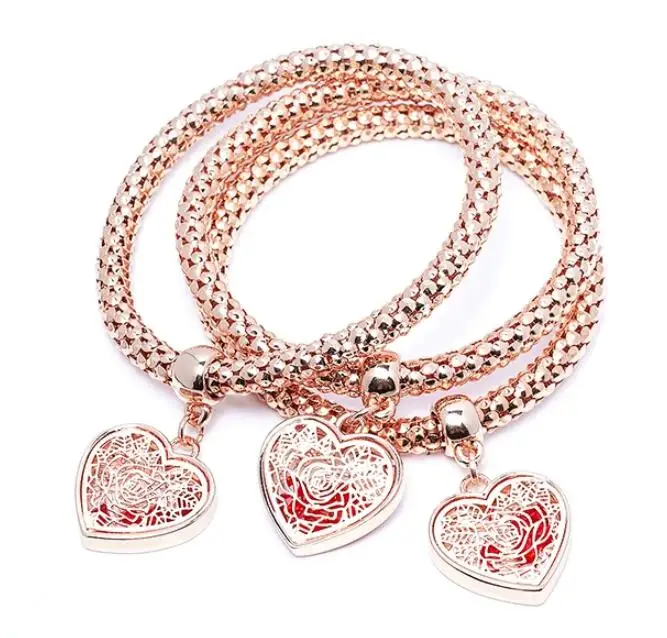 3 Color Austrian Crystal Solid Heart Charm Bracelet Set With Beautiful Popcorn Chain Jewelry For Women B266 | Украшения и