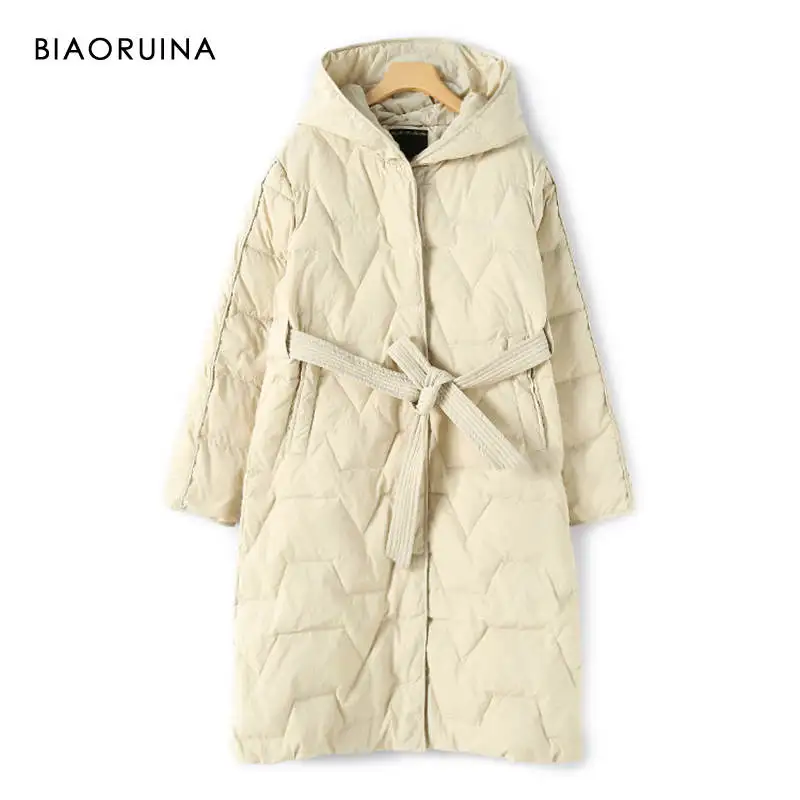 BIAORUINA, женская модная зимняя длинная однотонная стеганая куртка, Женская Повседневная универсальная теплая пуховая куртка с капюшоном и поясом, приталенный крой - Цвет: Бежевый