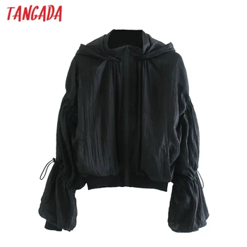 

Tangada Women Adjustable Drawstrings Organza Hoodies Sweatshirt Black Vintage Pockets Female Outerwear Chic Tops CE87
